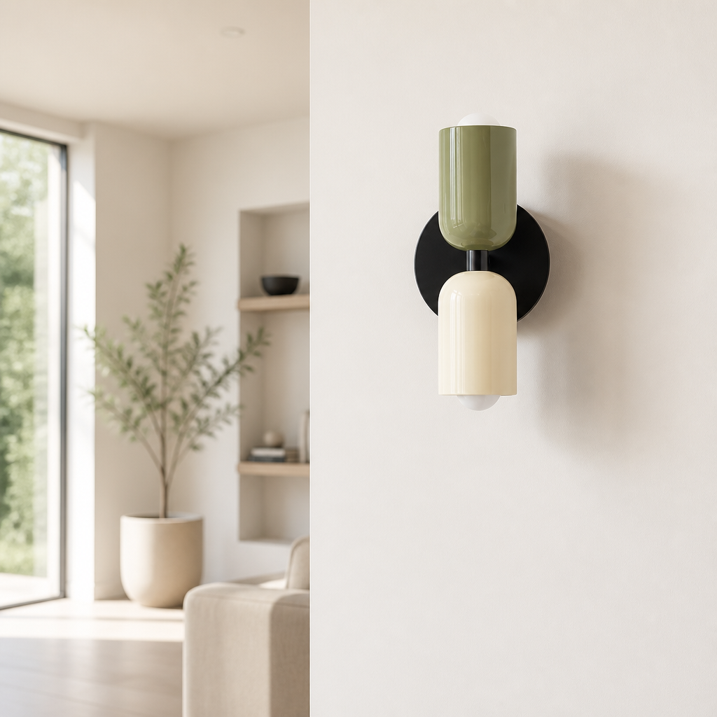 A modern two-light wall sconce mounted on a white wall in a bright, minimalist room. The fixture features a matte black circular backplate, a glossy olive green cylindrical shade on top, and a ribbed off-white cylindrical shade below, with a clear glass bulb visible at the bottom.