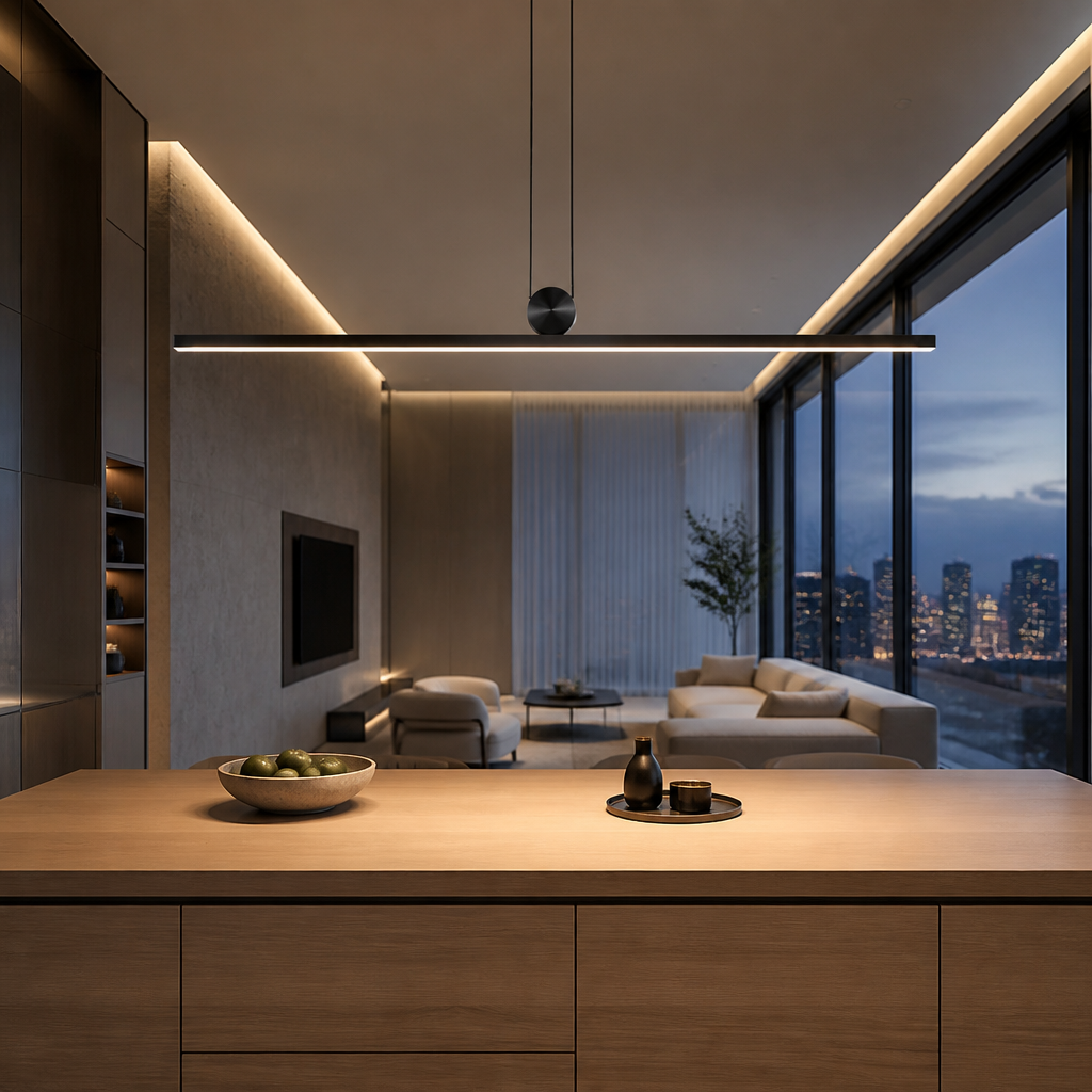 A modern minimalist interior design featuring a sleek linear LED pendant light hanging over a kitchen island with a light wood countertop. The background reveals a spacious living room with beige sofas, a wall-mounted TV, and large floor-to-ceiling windows overlooking a city skyline at dusk.