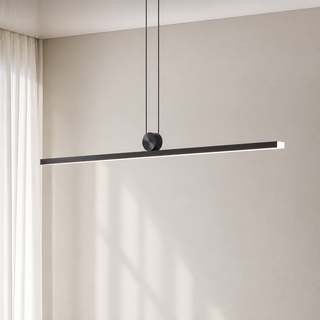 A modern linear LED pendant light in matte black with a central spherical diffuser, suspended by two cables. The light is shown illuminated, casting a soft glow downwards, set against a minimalist beige wall with a window curtain on the left.