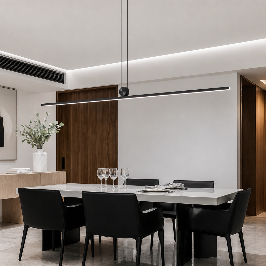 A modern minimalist dining room featuring a long black linear pendant light hanging above a white rectangular dining table and black chairs.