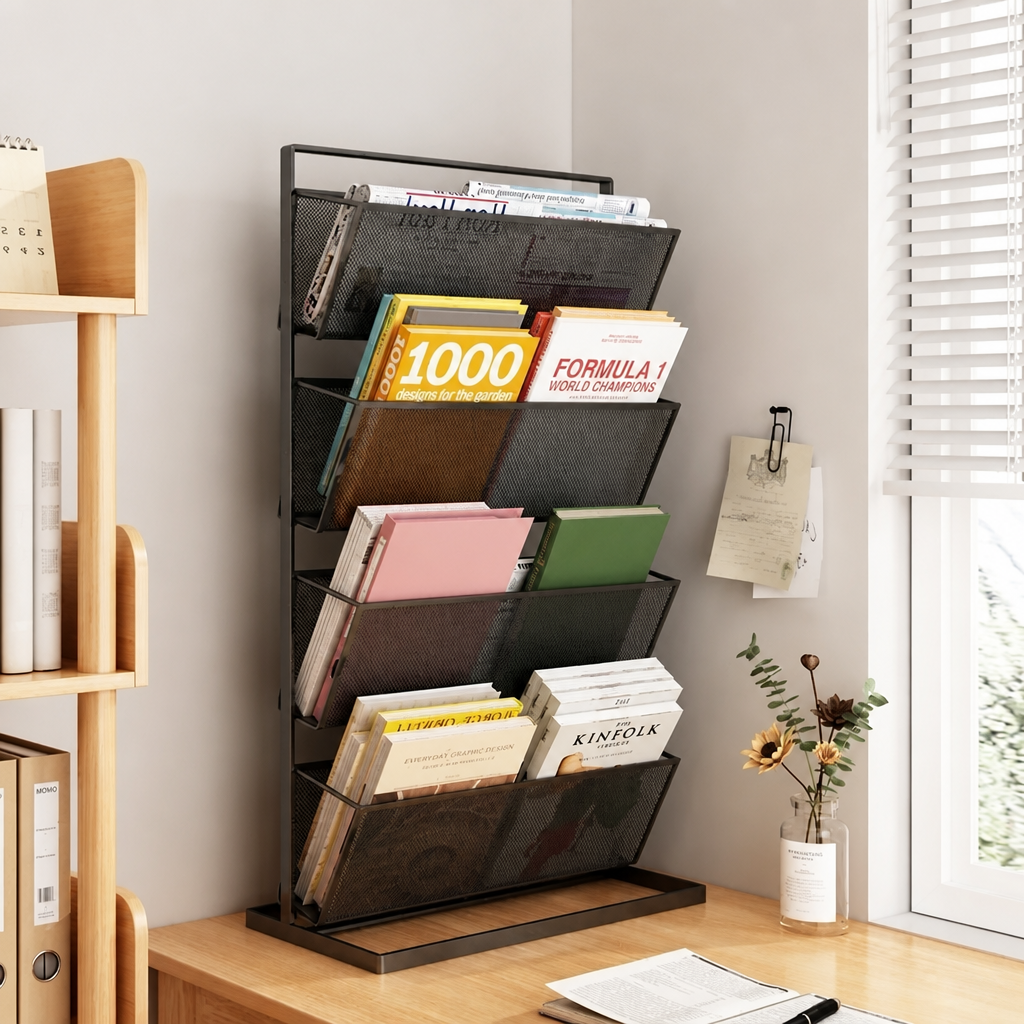 Black tiered metal mesh rack, 59cm, holding books and magazines on a desk corner