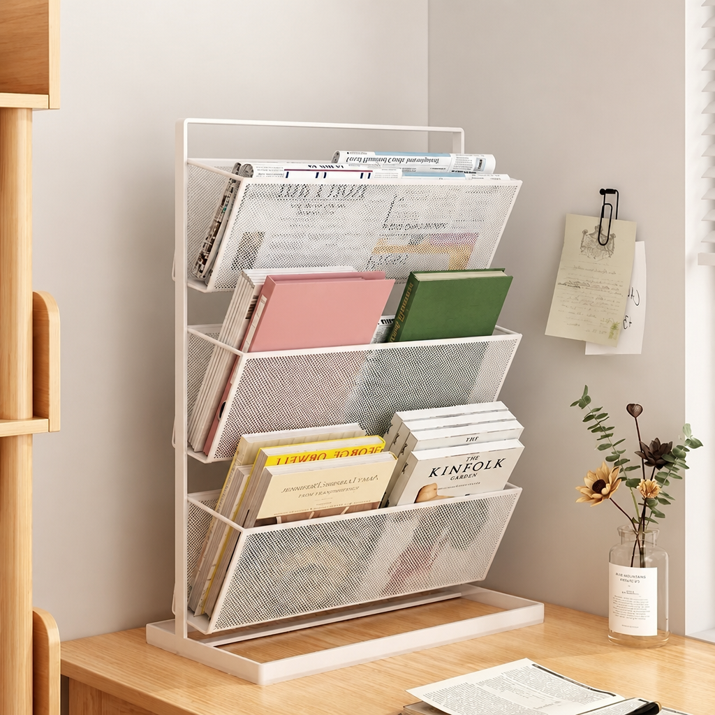 White tiered metal mesh rack, 44cm, styled with books on a desktop