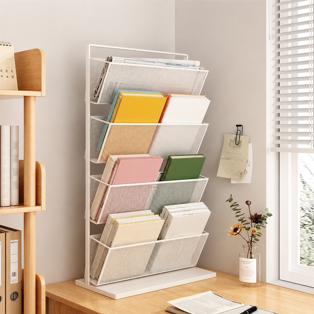 White tiered metal mesh rack, 59cm, shown with dimension measurements