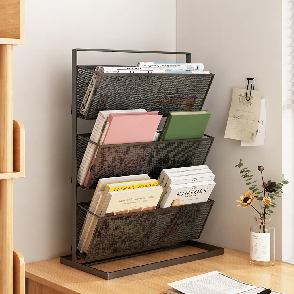 Black tiered metal mesh rack, 44cm, shown with dimension measurements