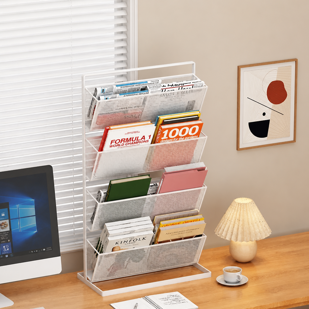 White tiered metal mesh rack, 59cm, shown with dimension measurements