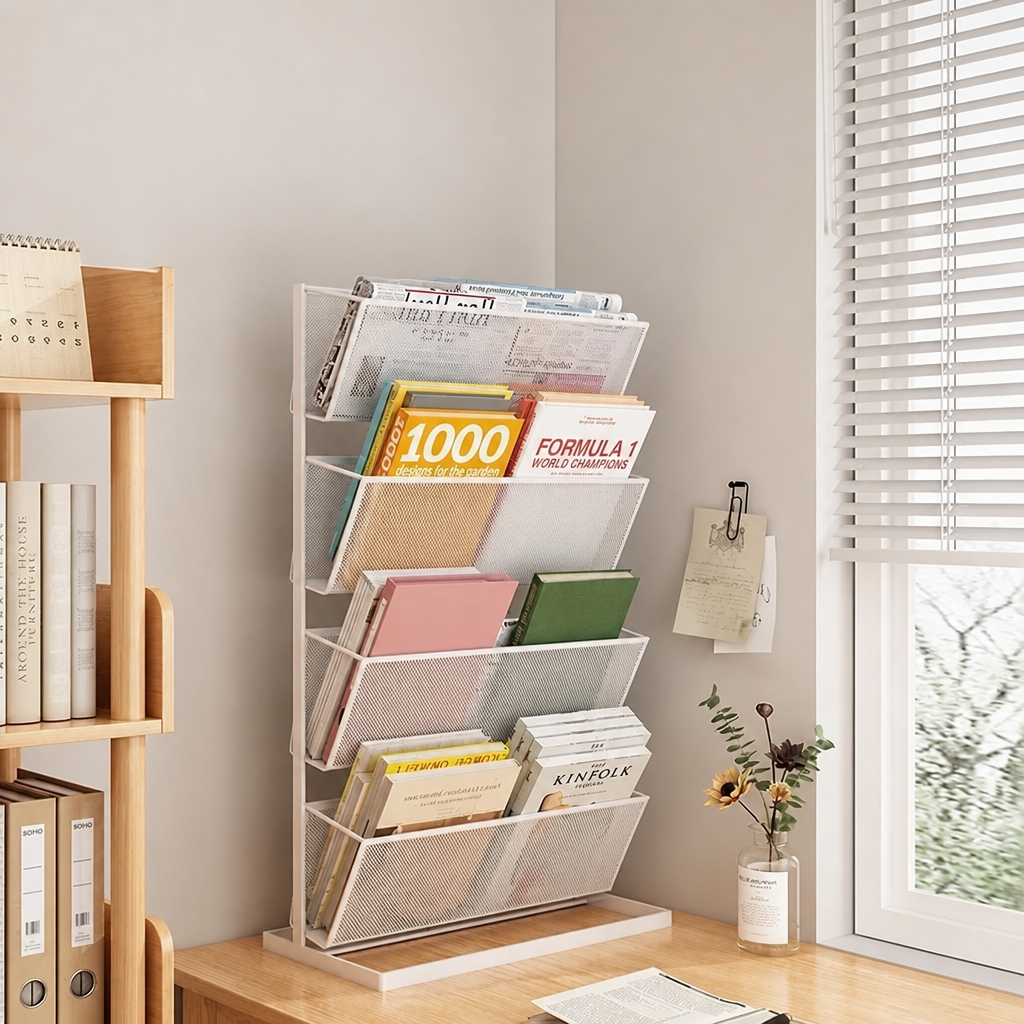White tiered metal mesh rack, 59cm, shown with dimension measurements