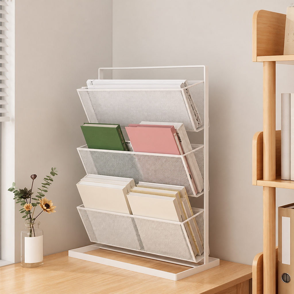 White tiered metal mesh rack, 44cm, styled with books on a desktop