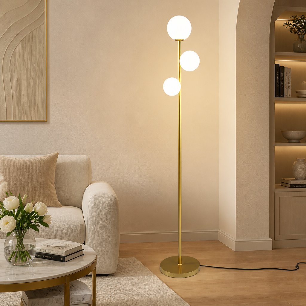 A modern three-light floor lamp with a slim gold metal stand and spherical white globe shades, styled in a warm, contemporary living room next to a beige armchair and a round coffee table.
