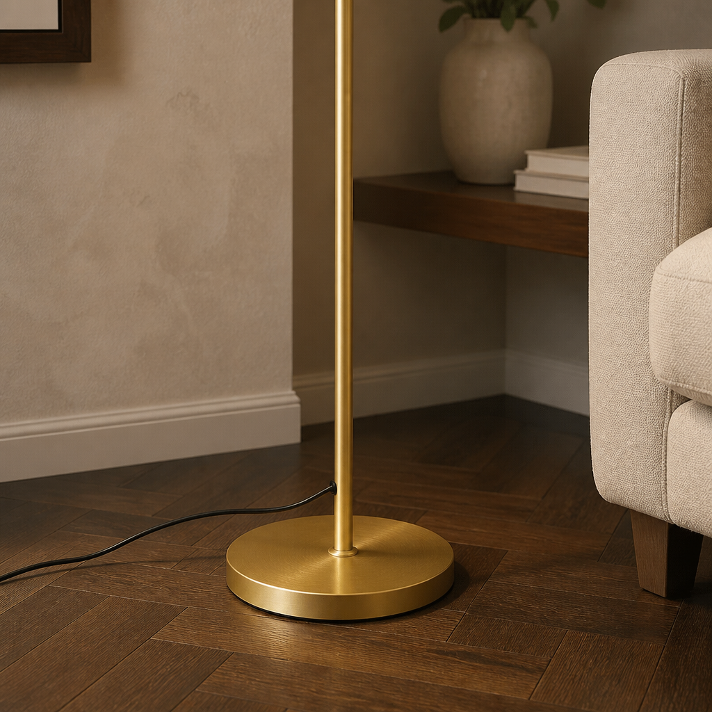 A modern floor lamp with a brushed gold metal base and pole, shown in a styled living room corner next to a beige armchair and wooden side table.