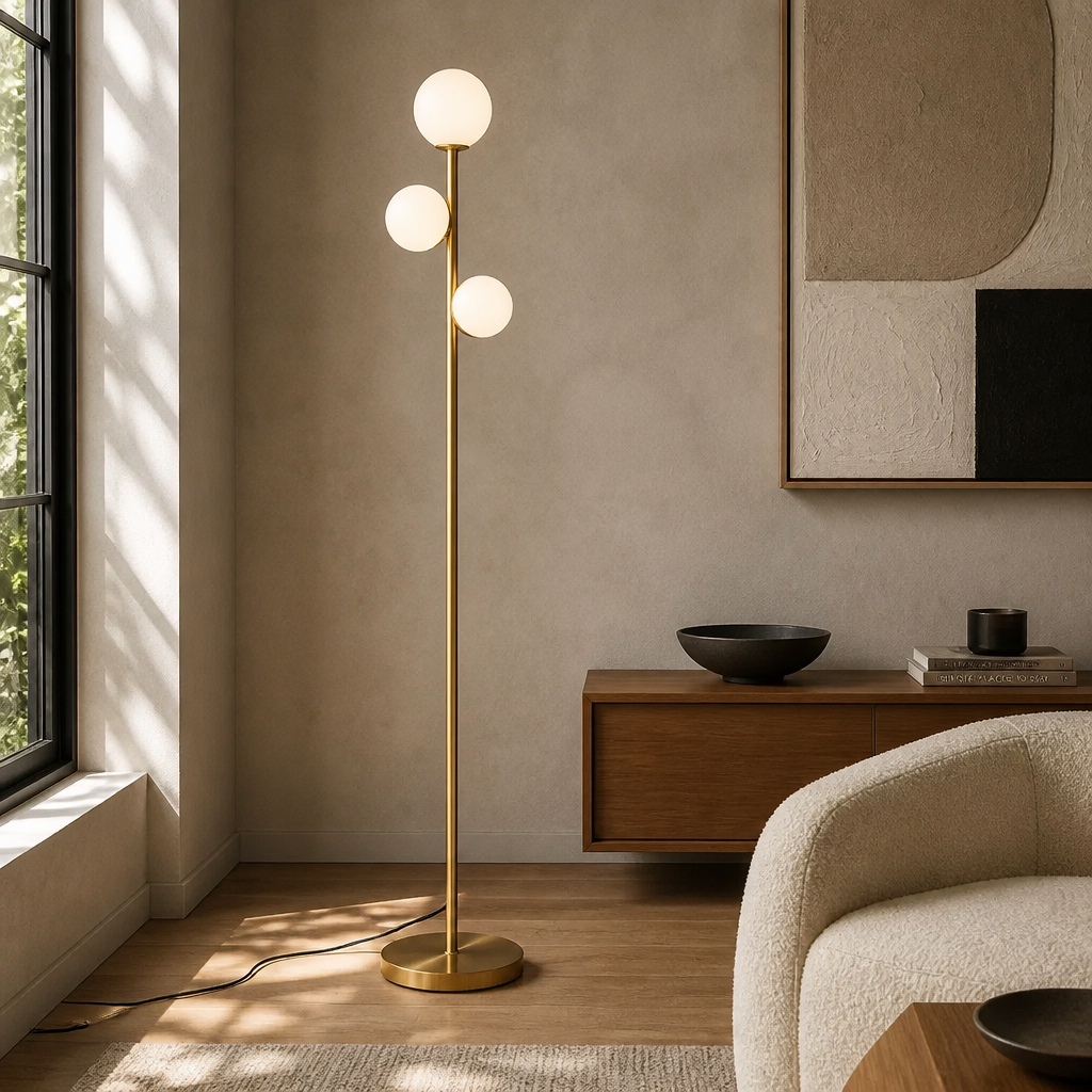 A modern floor lamp with a slim gold metal pole and three spherical white glass shades, illuminated in a warm light. It stands in a styled living room corner with a wooden console, textured beige walls, and a cream boucle armchair.