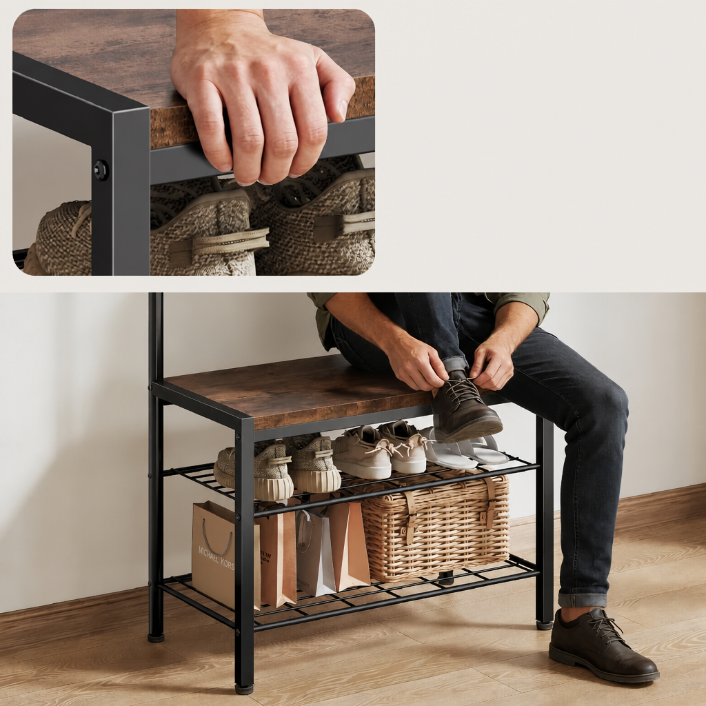 A black metal and wood shoe bench shown in a home setting, with a person sitting on the top surface and tying a shoe. An inset close-up at the top shows a hand resting on the wooden top and shoes stored on the lower shelf.