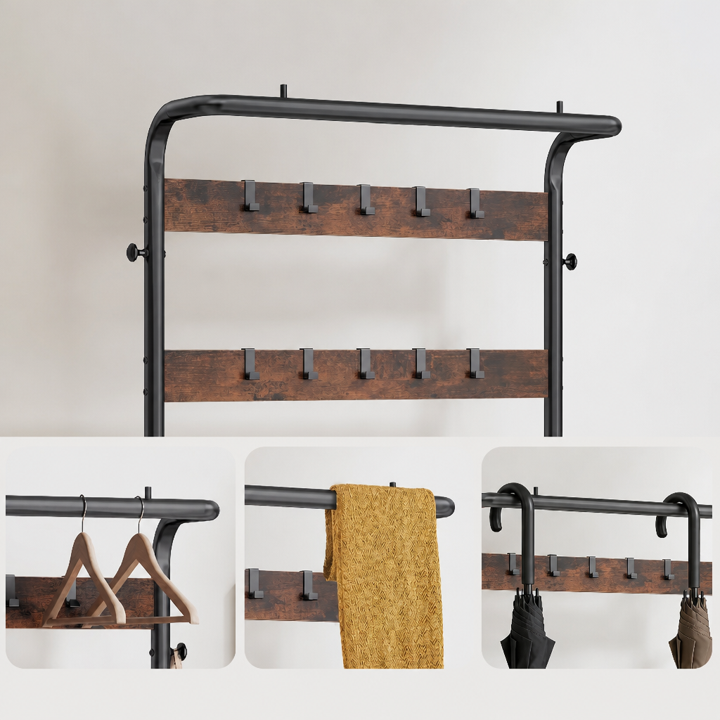Coat rack top bar shown holding hangers, a scarf, and umbrellas