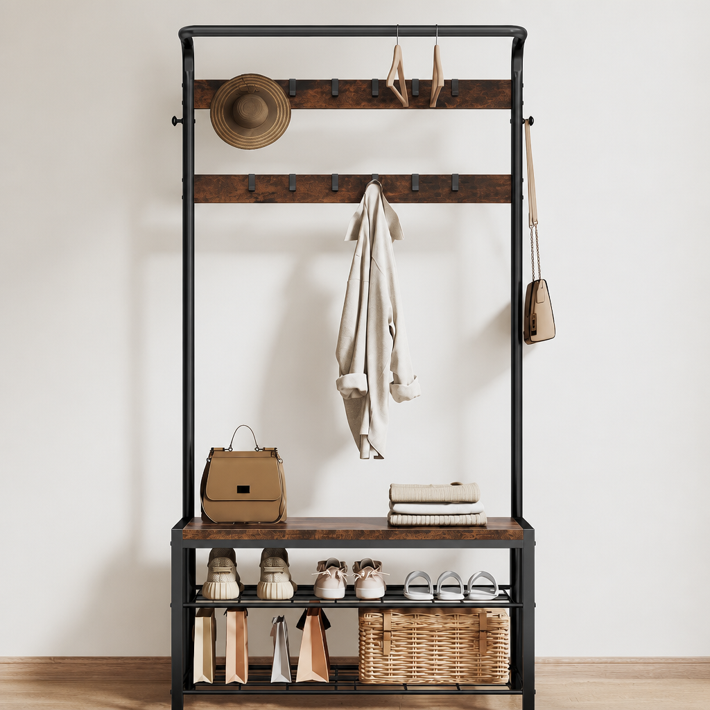 A tall black metal coat rack with dark wood shelves and hooks, styled with a hat, earrings, trench coat, handbag, shoes, and a wicker basket, against a plain white wall.