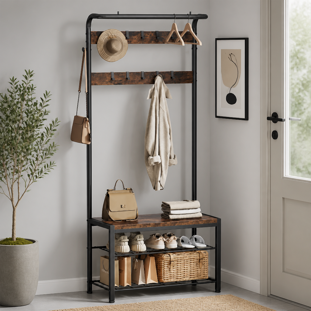 Hall tree styled in a home entryway with coats, bags, and shoes