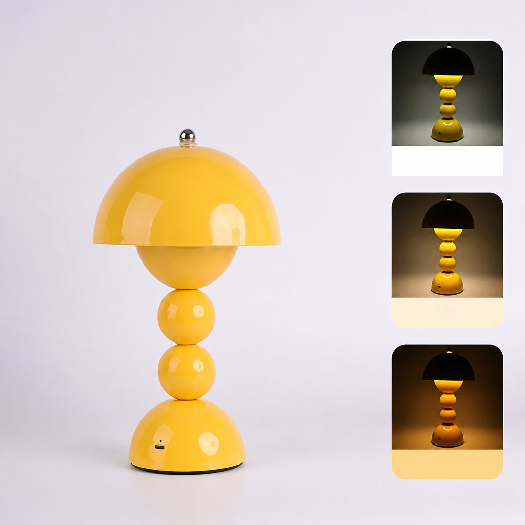 A yellow table lamp with a glossy dome-shaped shade and stacked spherical base, shown on a light gray background with three inset photos on the right showing the lamp lit.