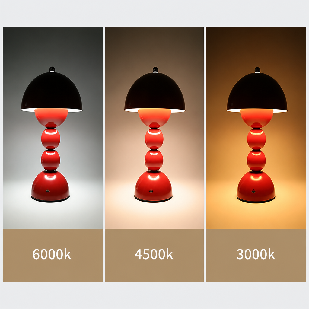 Three side-by-side views of a red and black table lamp showing different warm light color temperatures: 6000K cool white, 4500K warm white, and 3000K amber. The panels show the lamp lit against neutral gradient backgrounds, with the selected color temperature labeled at the bottom.