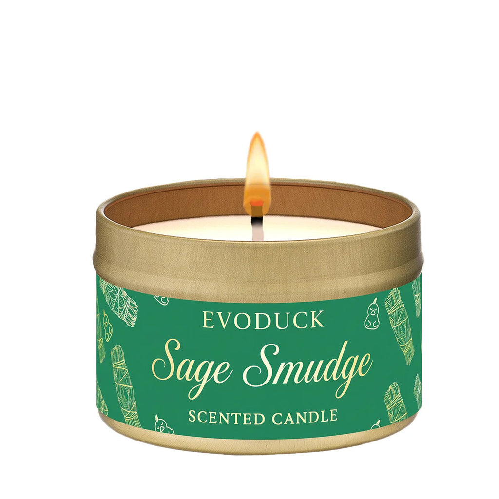 Premium sage smudge candle in a tin with a green label on a white background