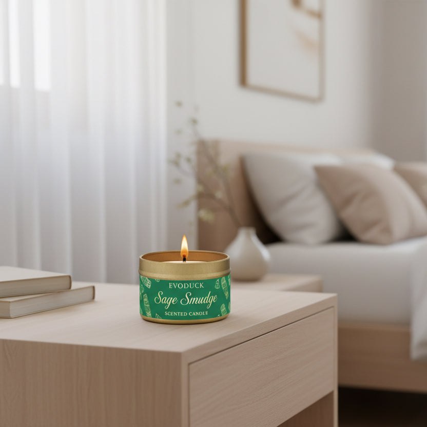 Candle on a nightstand with a blurred bedroom background