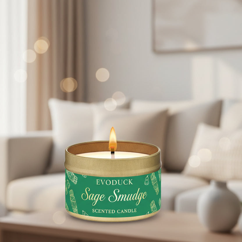 Scented candle with a visible flame on a table in a living room setting.