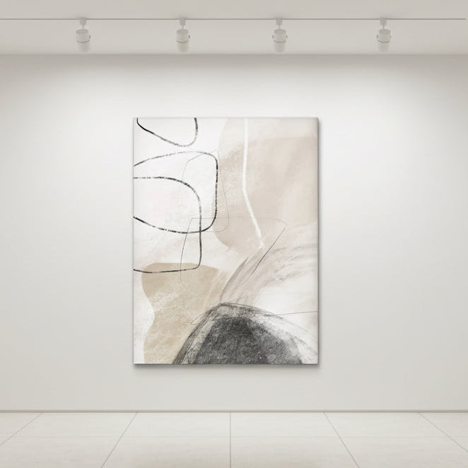 Abstract line art on a neutral canvas with layered circular shapes and charcoal textures.