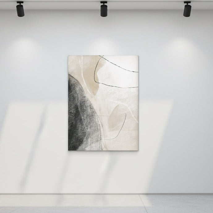 Modern minimalist art with overlapping organic shapes in beige and charcoal.
