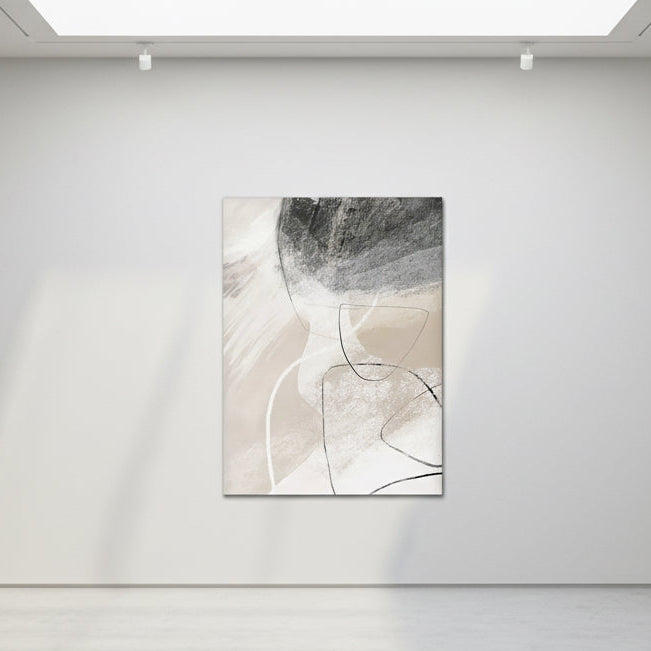 Bohemian abstract print featuring a dark grey textured top and a singular curved black line.