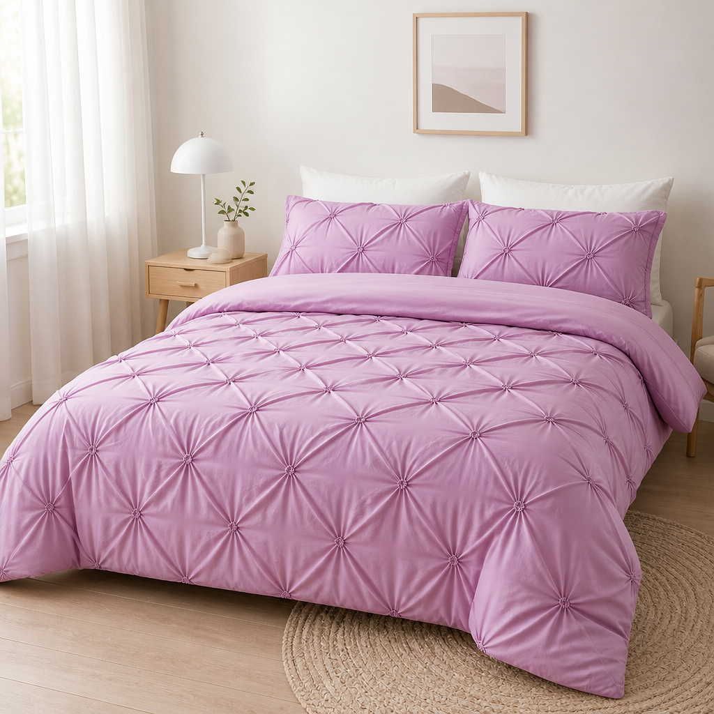 Pink 3D pinch pleated duvet cover set in a bright bedroom with matching pillowcases.