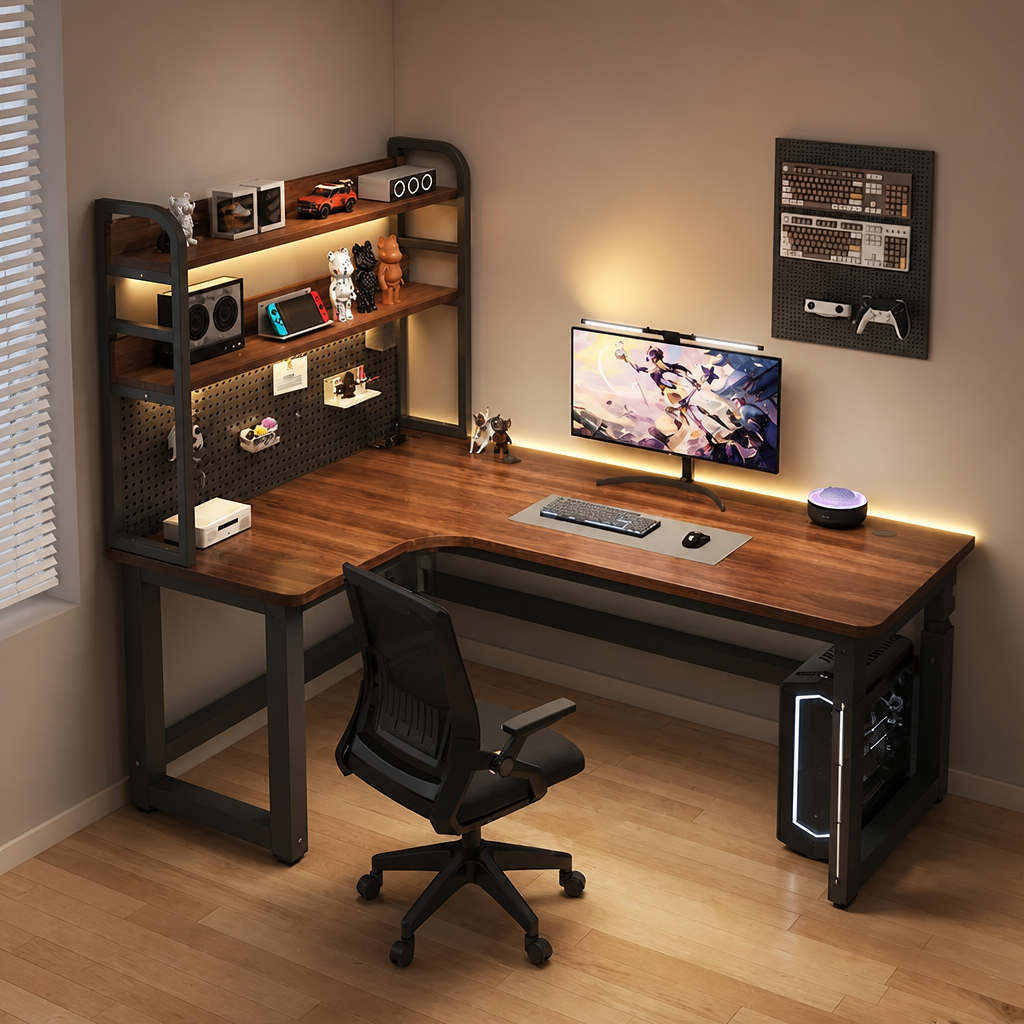 Brown L-shaped office desk with storage shelves and a metal frame in a home workspace
