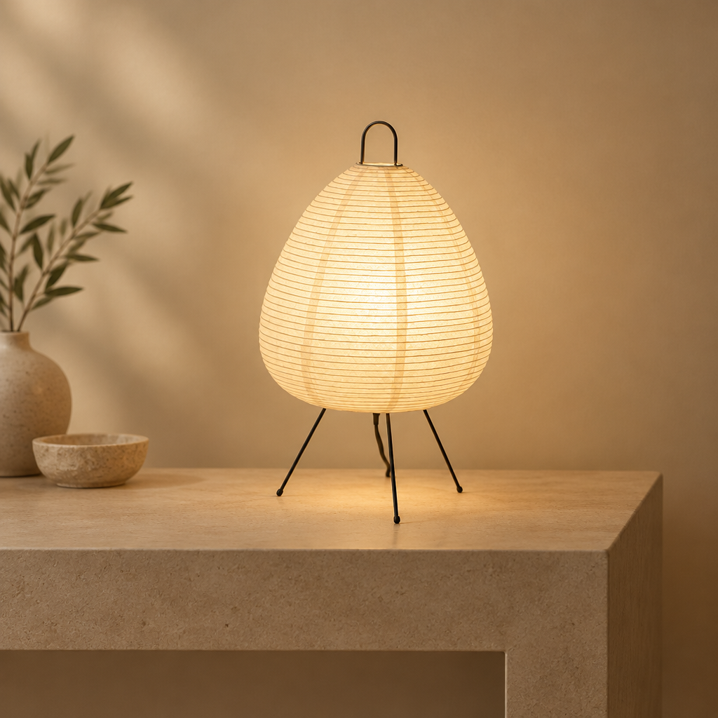 A warm, glowing table lamp with a ribbed teardrop-shaped white shade and three black legs, styled on a light stone pedestal against a beige wall.