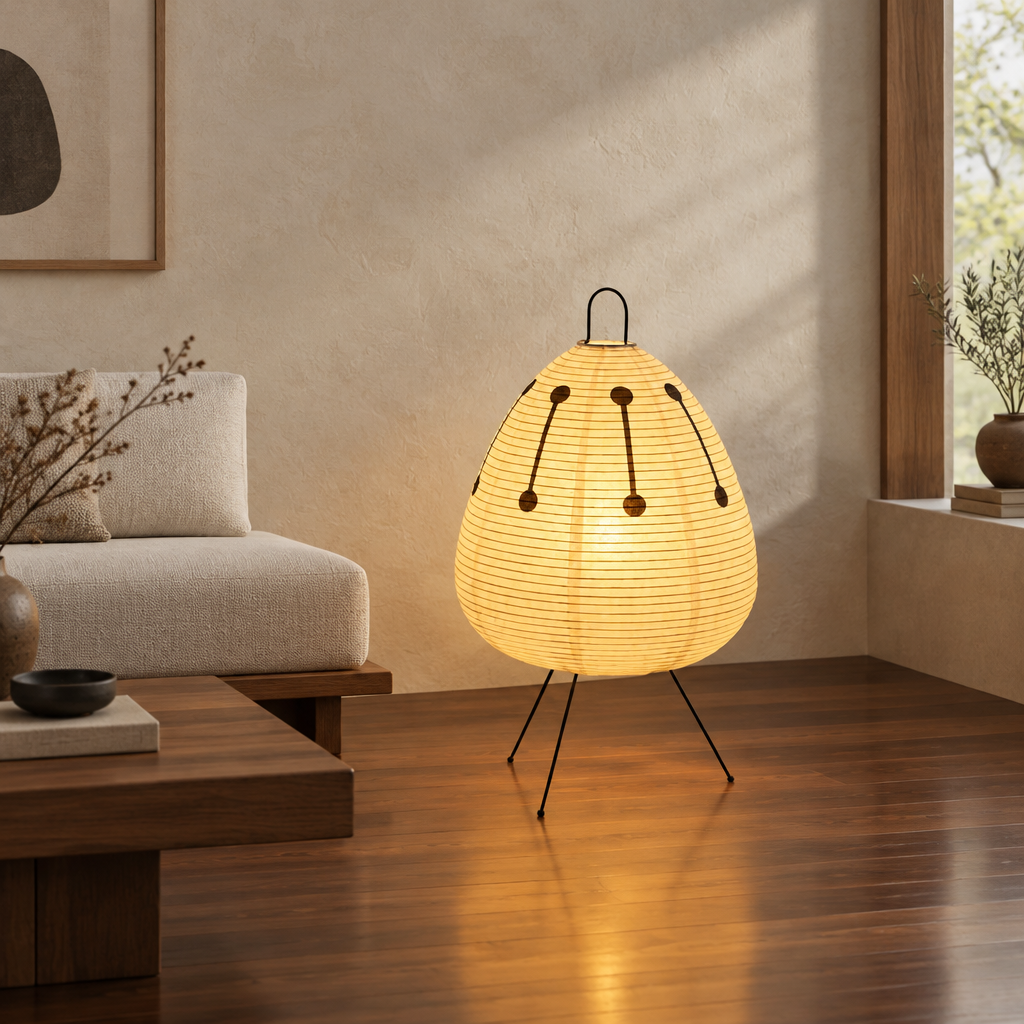 A glowing teardrop-shaped woven paper floor lamp with black metal legs and hanging accents, placed in a warm, modern living room with wood floors and a beige sofa.