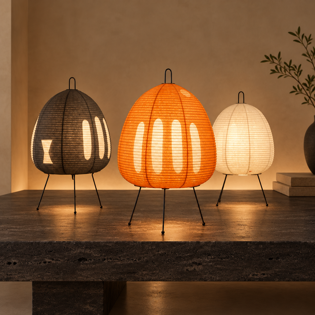 Three woven paper table lamps in black, orange, and white, styled on a dark stone table against a warm beige wall.
