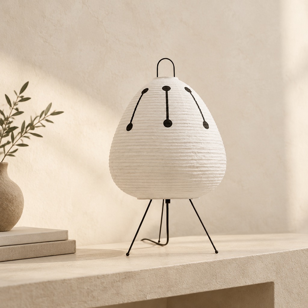 A white ribbed paper lantern-style table lamp with black metal legs and a top loop, displayed on a light stone surface against a warm beige wall.