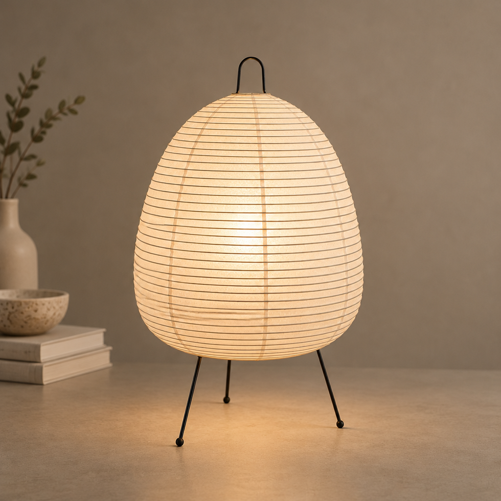 A warm white table lamp with a ribbed, egg-shaped paper shade and three black metal legs, shown lit on a tabletop with a neutral background and decorative props.