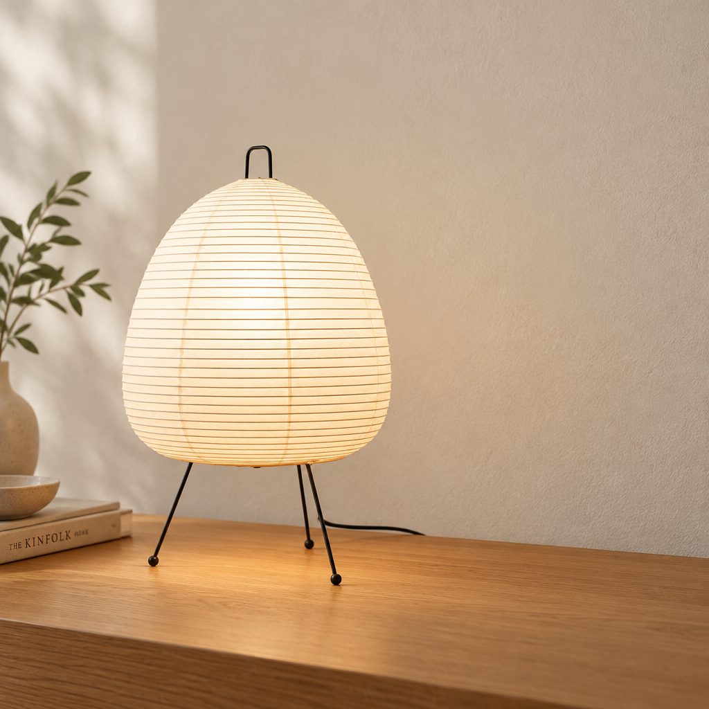 A warm white table lamp with a ribbed egg-shaped shade and thin black metal legs, sitting on a wooden table against a neutral wall.