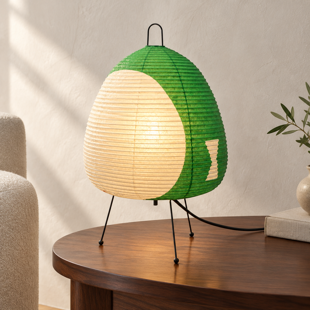 A modern table lamp with a ribbed egg-shaped shade in green and cream, supported by three thin black legs, placed on a wooden side table in a styled interior setting.
