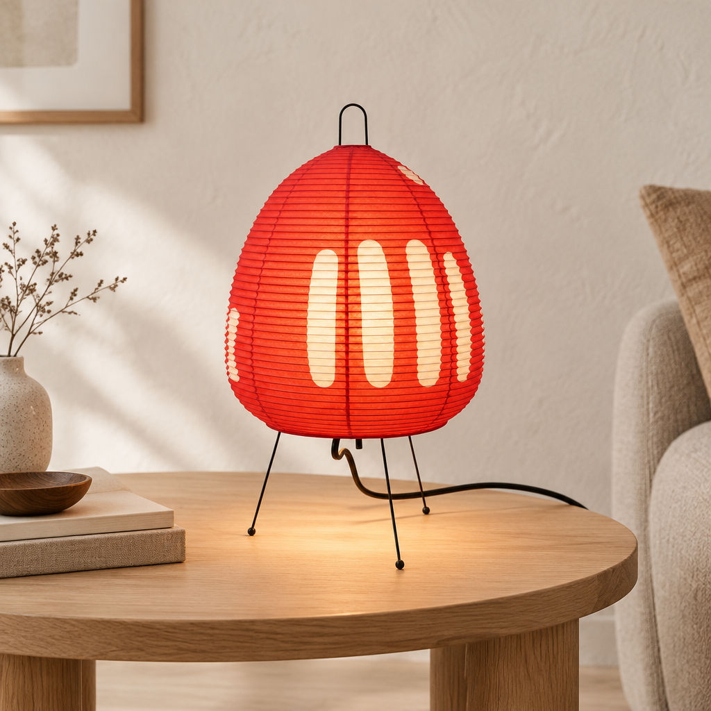 A red ribbed paper lantern-style table lamp with a black metal tripod base and hanging loop, glowing warm white from within, placed on a round wooden table in a softly lit living room.