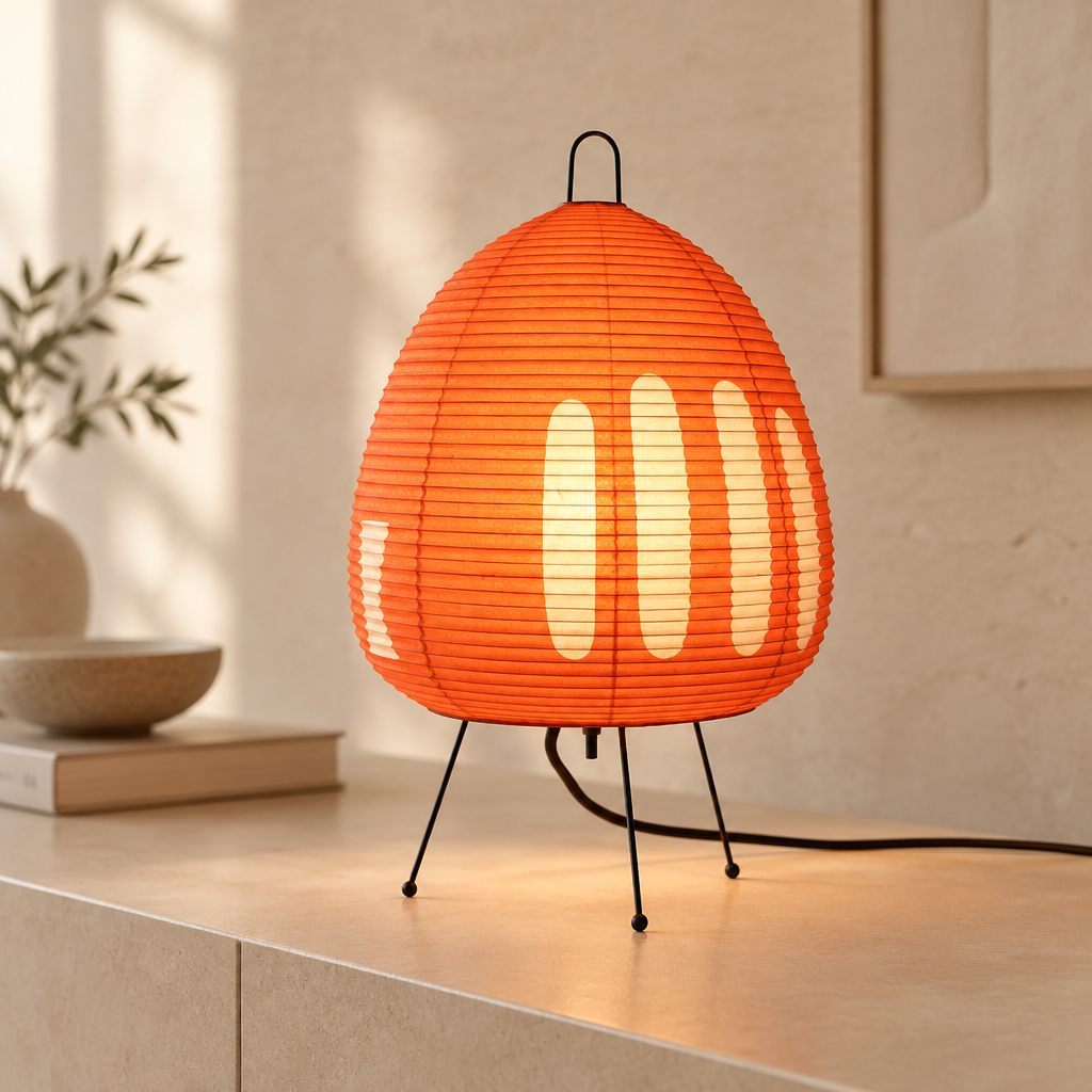 An orange ribbed table lamp with a teardrop shape, lit with a warm glow, sitting on a beige tabletop in a softly lit room.