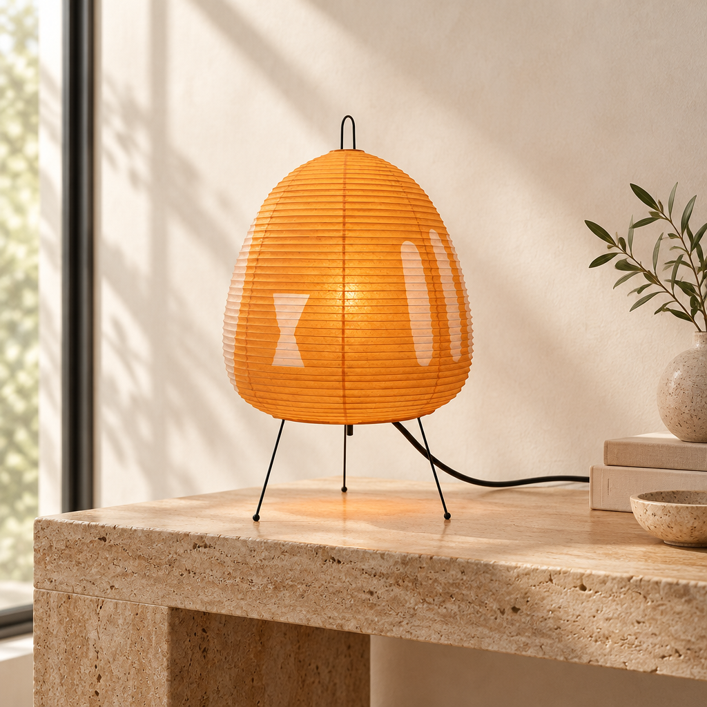 An orange ribbed paper lantern-style table lamp with thin black metal legs sits on a stone tabletop in a softly lit interior setting.