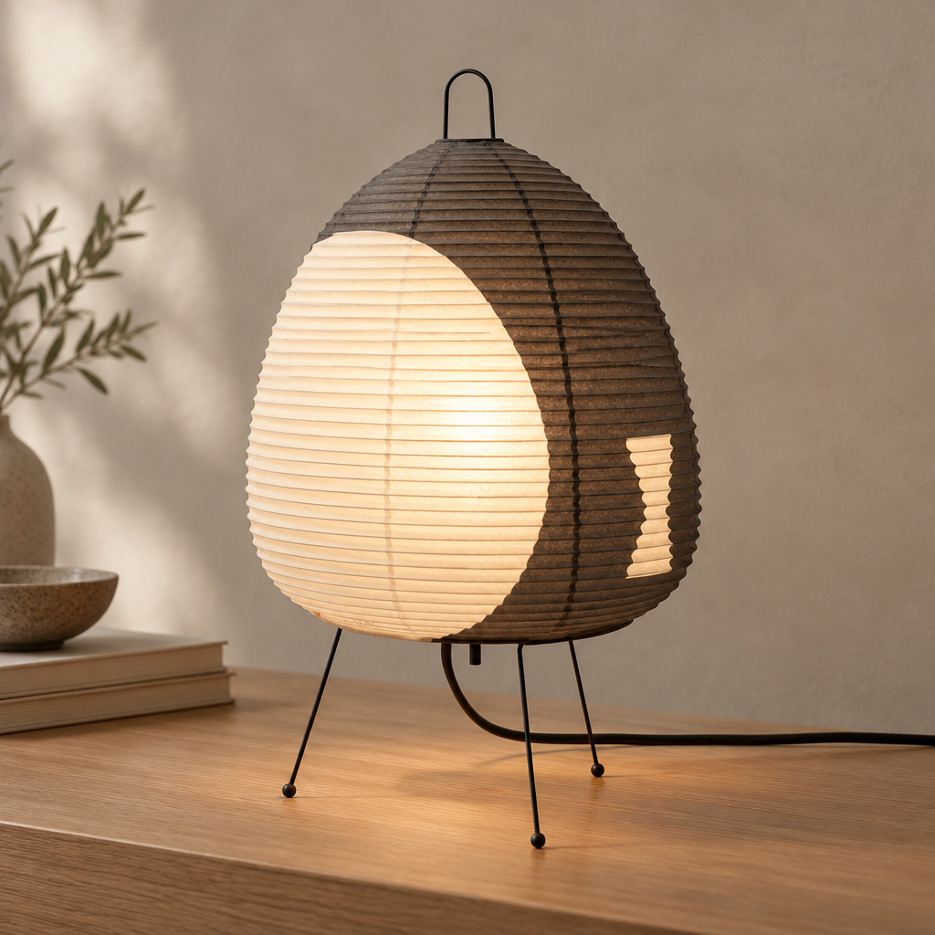 A modern egg-shaped table lamp with a dark brown ribbed paper outer shell, a glowing warm white illuminated inner panel, and thin black metal legs, shown on a wooden tabletop in a softly lit interior setting.
