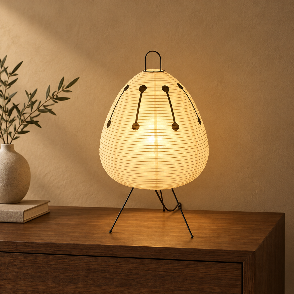 A glowing table lamp with a ribbed teardrop-shaped white shade and black metal legs, placed on a wooden cabinet against a warm beige wall, with a vase and books partially visible on the left.