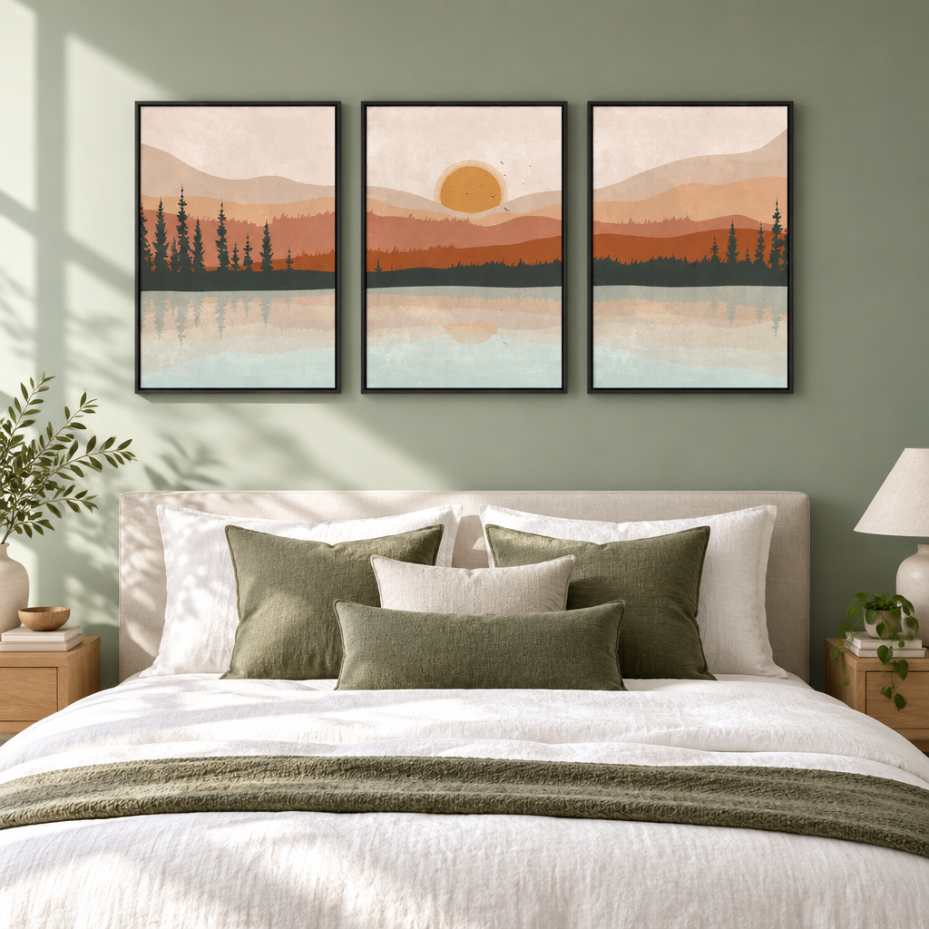 A three-panel framed wall art set depicting a mountain and lake sunset scene, displayed above a neatly made bed in a styled bedroom.