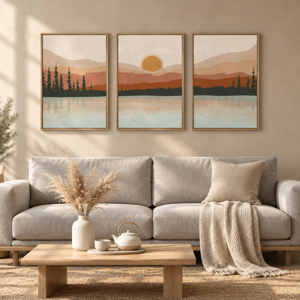A three-piece framed wall art set depicting a serene mountain and lake sunset scene, styled above a light gray sofa in a warm, modern living room.