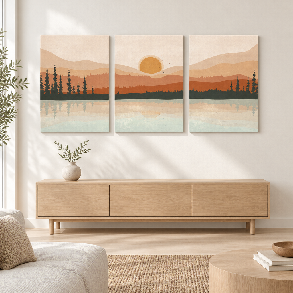 A three-panel canvas wall art set depicting a stylized mountain and lake landscape with a sun, shown hanging above a light wood console in a modern living room setting.