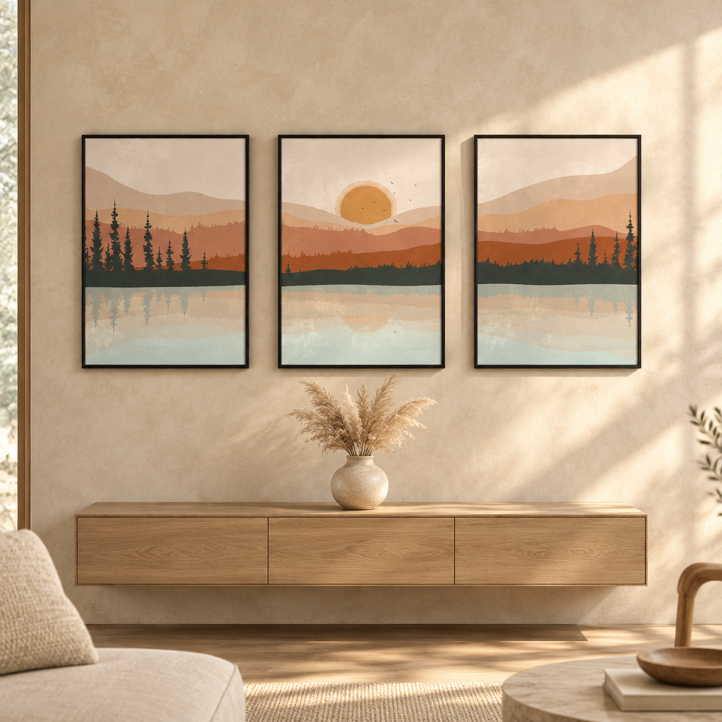 A three-panel framed wall art set depicting a mountain lake landscape with a sun, shown hanging above a light wood console in a styled living room.
