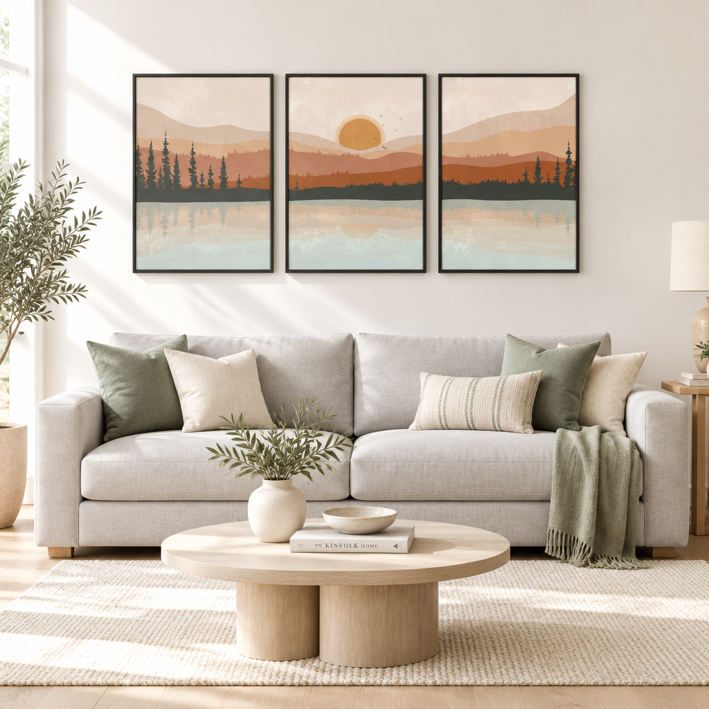 A three-panel framed wall art set depicting a minimalist mountain lake sunset scene, displayed above a light gray sofa in a bright, modern living room.