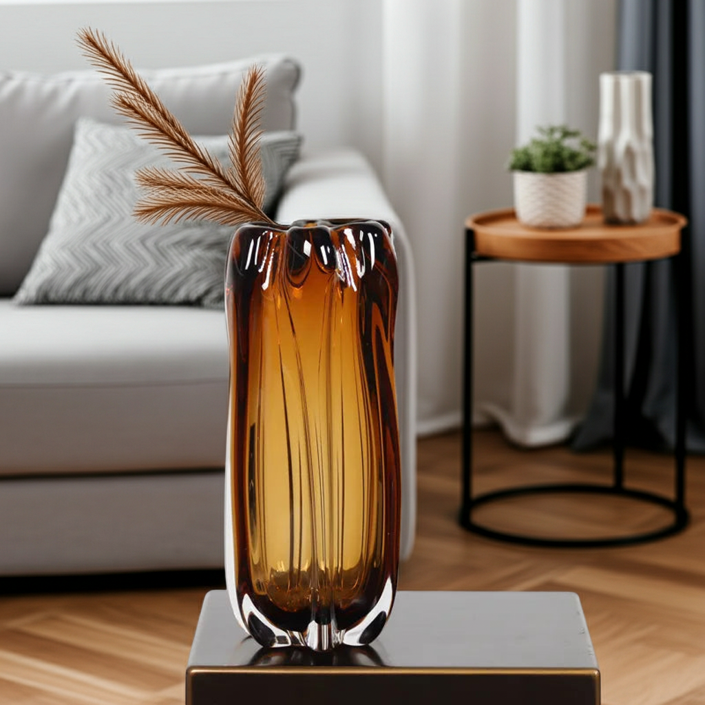 Handcrafted Amber Crystal Glass Vase | Thick Sculptural Floral Decor