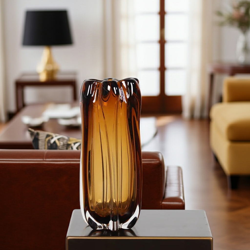 Handcrafted Amber Crystal Glass Vase | Thick Sculptural Floral Decor