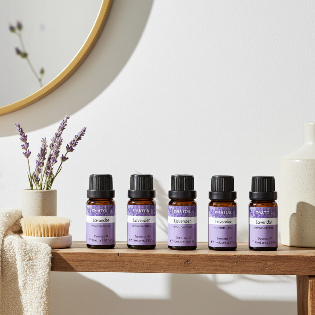 Row of essential oil bottles on a wooden surface with a decorative mirror and lavender plant in the background.