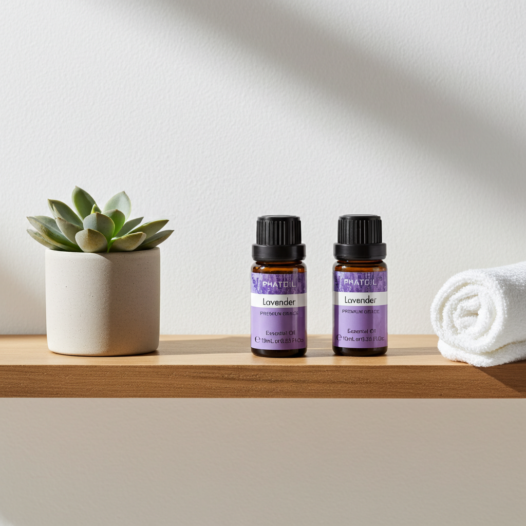 Two bottles of lavender essential oil on a wooden shelf with a potted plant and a towel in the background.