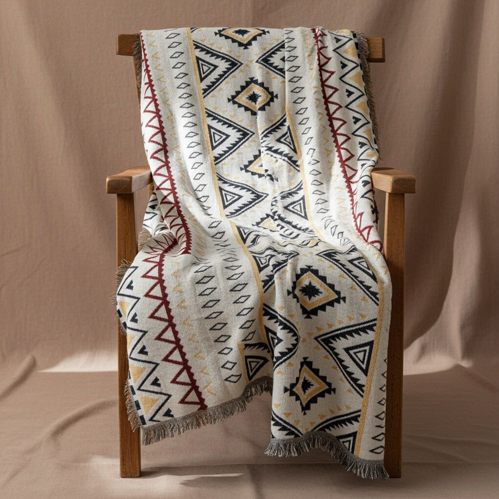 Patterned blanket draped over a wooden chair against a beige background